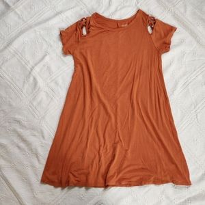 Burnt orange open shoulder dress